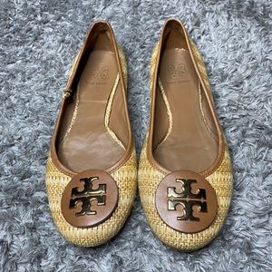 TORY BURCH Reva Ballet Flats Shoes Natural Woven Raffia Straw
